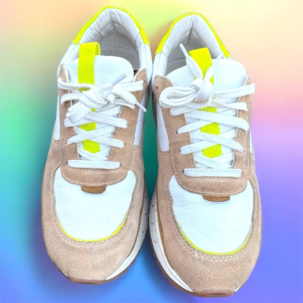 New Madewell Womans Sneakers Leather 7.5 White Tan Neon Yellow Kickoff Trainers - Picture 3 of 12